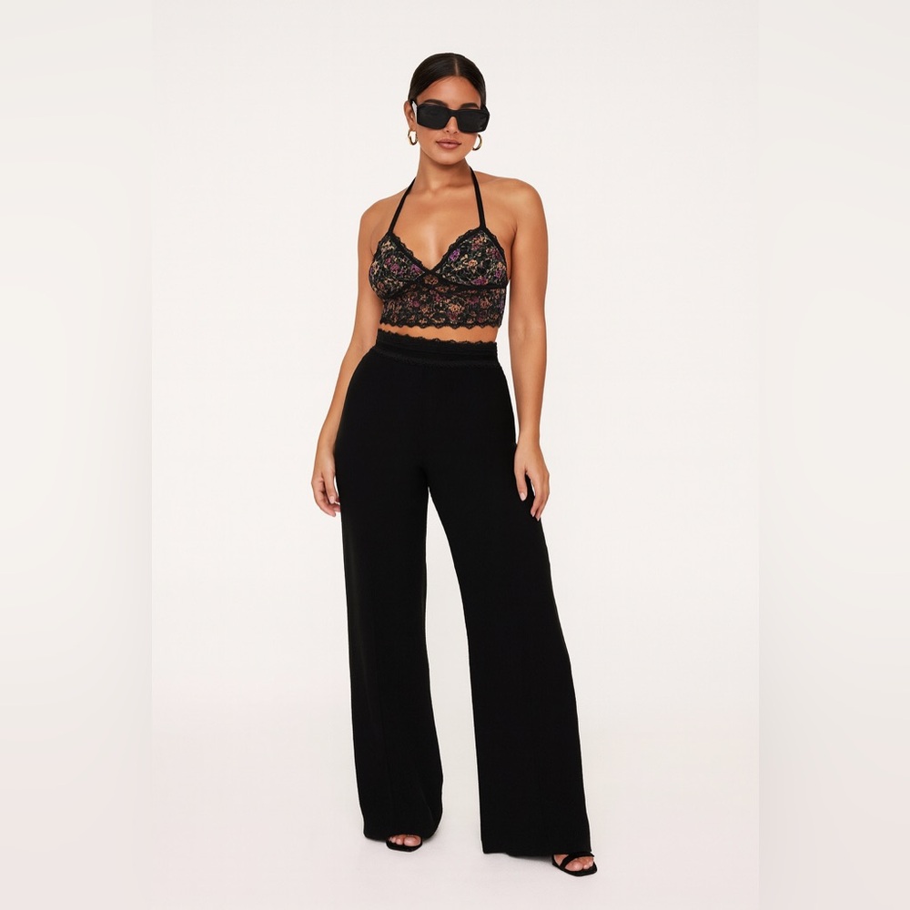 Nanette Lepore Black Lace and Velvet Trimmed Wide Legged Penelope Pants Sz. 6
